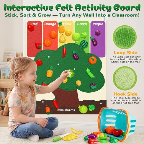 SOCBTNSO Pretend Play Food Set with Felt Tree Mat & Storage Basket: Kitchen Accessories Toys| Fruit and Veggie Sensory Toy| Montessori Color Sorting| Gift for 3 4 5 6 Year Old Toddlers Kids Boys Girls in Kuwait