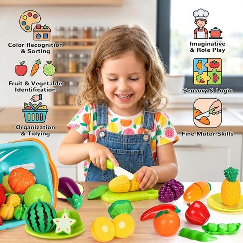 SOCBTNSO Pretend Play Food Set with Felt Tree Mat & Storage Basket: Kitchen Accessories Toys| Fruit and Veggie Sensory Toy| Montessori Color Sorting| Gift for 3 4 5 6 Year Old Toddlers Kids Boys Girls in Kuwait