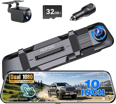 Mirror Dash Cam,Rear View Mirror Camera,10'' Smart Touch Screen,Dash Camera for Cars,G-Sensor,Loop Recording,Car Camera with Free 32GB Card in Saudi Arabia