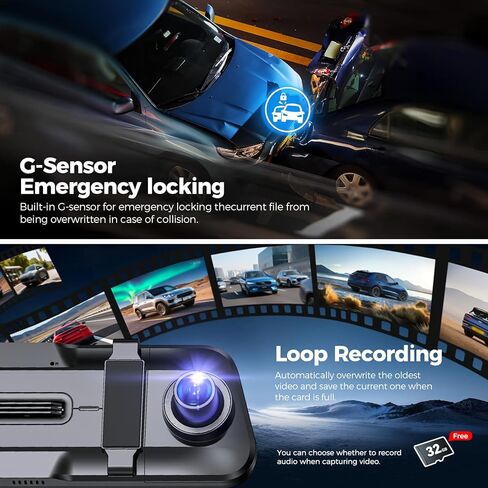 Mirror Dash Cam,Rear View Mirror Camera,10'' Smart Touch Screen,Dash Camera for Cars,G-Sensor,Loop Recording,Car Camera with Free 32GB Card in Saudi Arabia