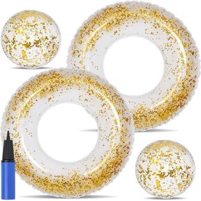 4 Pcs Glitter Pool Floats Inflatable Pool Tube Gold Confetti Swim Rings and Beach Balls with Pump Summer Beach Toys for Adults Bride Wedding Engagement Pool Party Accessories in Kuwait