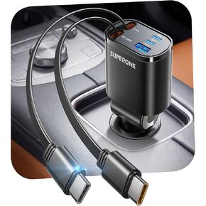شاحن سيارة قابل للسحب بقدرة 90 واط من SUPERONE مع كابلات مزدوجة من النوع C، ومحول سيارة USB C سريع، وشحن سريع متعدد المنافذ 5 في 1 متوافق مع iPhone 17 16 15 14 13 12 وGalaxy وPixel وiPad - أسود in Kuwait