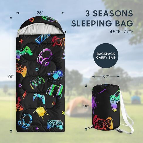 Wake In Cloud - Kids Sleeping Bag for Boys Toddlers, Camping in Warm Cold Weather, Backpacking Lightweight Compact Outdoor Liner for 3 Seasons Summer Spring Fall, Gamer Navy Blue in Saudi Arabia
