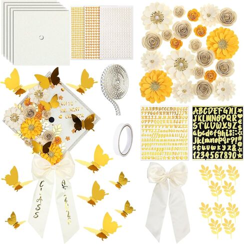 Wavwavw 61 Pcs DIY Graduation Cap Decorations Kit, 2026 Grad Cap Decor Included Bow Paper Flowers 3D Butterfly Pearl Letters Stickers Glitter Construction Paper for DIY Grad Hat Topper(Dark Blue) in Kuwait