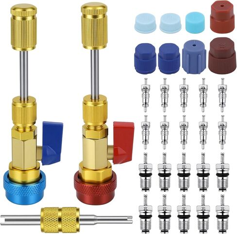 31 PCS R134A Valve Core Quick Remover Installer Tool Kit, High Low Pressure AC Valve Core Removal Tool, R134A Valve Core AC Service Port Cap Valve Stem for Refrigerant Air Conditioner System in Kuwait