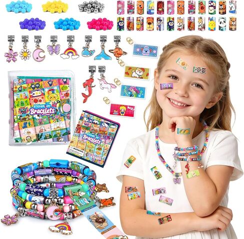 jhtigre Sticker Bracelet for Kids, Bead Bracelet Making Kit with 240 Mini Stickers, Collection Book, 10 Metal Charm Pendants, DIY Bracelets & Necklaces Jewelry Kit, Wearable Toys for Girls Gifts in Kuwait