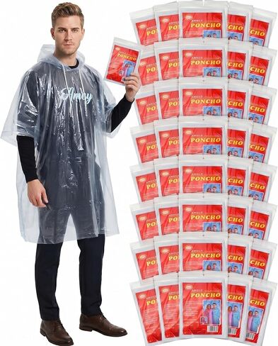 40 Pack Disposable Rain Ponchos for Adults Disposable Ponchos Pack with Drawstring Hood Elastic Sleeves Raincoat for Camping in Saudi Arabia