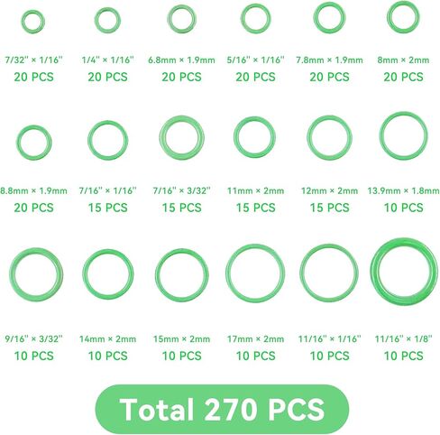 270PCS Seal Gasket Washer, Car Air Conditioning AC O Ring Kit, Seal O-Ring Assortment Kit, Universal Vehicle Repair Tool for Door, Window, Home Appliances (Green) in Kuwait
