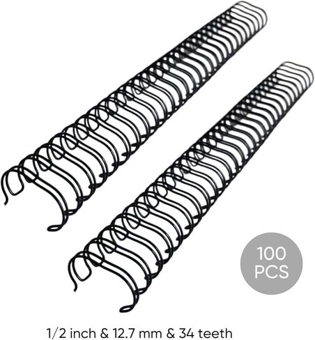 100 Pcs 1/2 inch Black 3:1 Pitch Twin Loop Binding Spines, 34-Hole Metal Double Wire Coil for Binding 100-Sheet A4 Paper Notebooks, Reusable Supplies in Kuwait