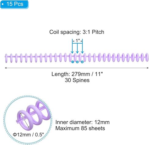 PATIKIL 12mm(1/2") Plastic Spiral Binding Coils, 15 Pcs Binding Spirals 85 Sheet Capacity Binding Spirals for Binding Paper Sheets, Purple in Kuwait