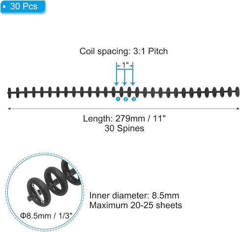 PATIKIL 8.5mm(1/3") Plastic Spiral Binding Coils, 30 Pcs Binding Spirals 20-25 Sheet Capacity Binding Spirals for Binding Paper Sheets, Black in Kuwait