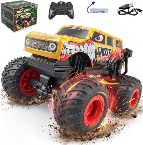 BEZGAR Monster Truck Toys, Remote Control Monster Truck with Dancing Spins, Lights & Music, 1:20 Remote Control Car for Boys 4-7, 5 6 7 8 9 10 +Year Old Boys Birthday Gifts (Yellow) in Kuwait