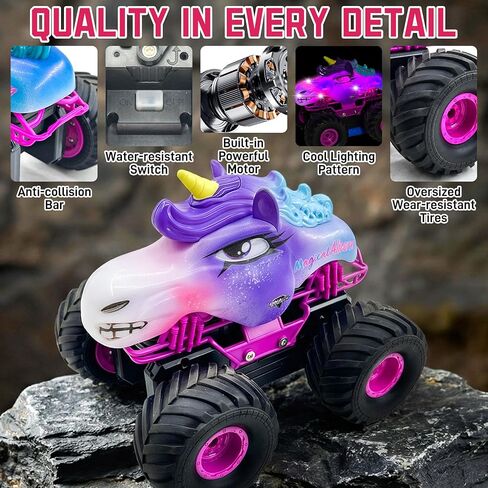 سيارة يونيكورن RC للفتيات 1:18 شاحنة برمائية تعمل بالتحكم عن بعد على الطرق الوعرة مع أضواء LED لجميع التضاريس، سيارة وحشية 2.4 جيجا هرتز لعبة هواية زاحفة عالية السرعة مع بطاريتين هدية عيد ميلاد للأطفال من سن 6 إلى 12 عامًا in Kuwait