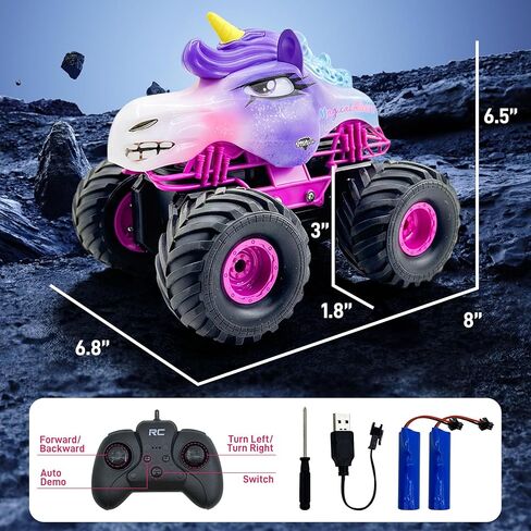 سيارة يونيكورن RC للفتيات 1:18 شاحنة برمائية تعمل بالتحكم عن بعد على الطرق الوعرة مع أضواء LED لجميع التضاريس، سيارة وحشية 2.4 جيجا هرتز لعبة هواية زاحفة عالية السرعة مع بطاريتين هدية عيد ميلاد للأطفال من سن 6 إلى 12 عامًا in Kuwait