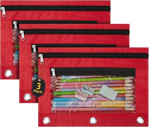 IKAYAS 3 Pack Pencil Pouch for 3 Ring Binder bulk Binder Pouch with Zipper for Classroom Box Pencil Case for Storing School Students Teacher Supplies,Red in Kuwait