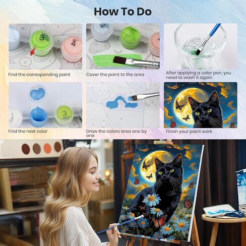 HEIBAGO Paint by Numbers kit for Adults Framed Canvas - with Wooden Easel, Black Cat Paint by Numbers for Adults Beginner, Butterfly DIY Acrylic Oil Painting Kits Arts Crafts for Wall Decor 12x16inch in Saudi Arabia