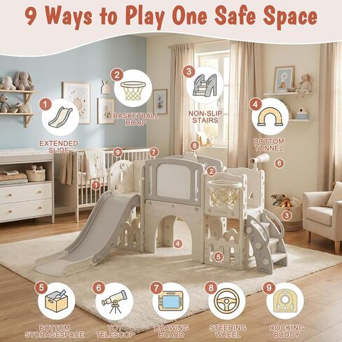9-in-1 Toddler Slide and Climber Playset, Indoor Outdoor Kids Playground with Basketball Hoop, Telescope, Storage & Tunnel, Sturdy Freestanding Activity Center for Toddlers Age 1-3 in Kuwait