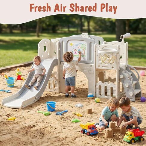 9-in-1 Toddler Slide and Climber Playset, Indoor Outdoor Kids Playground with Basketball Hoop, Telescope, Storage & Tunnel, Sturdy Freestanding Activity Center for Toddlers Age 1-3 in Kuwait