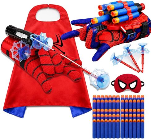6 in 1 Hero Spider Web Shooters Toys Role-Playing Set, 2 pcs Wrist Foam Dart Launcher Shooters Set with Spider Cape, Mask, Gloves, 120 Soft Darts, 3 Suction Cup, Indoor Outdoor Party Favors for Kids in Kuwait