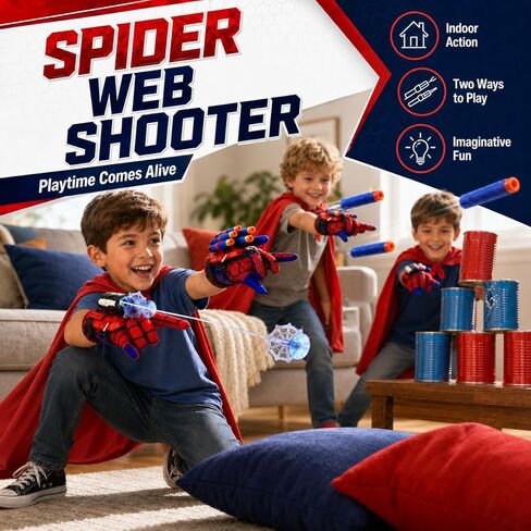 6 in 1 Hero Spider Web Shooters Toys Role-Playing Set, 2 pcs Wrist Foam Dart Launcher Shooters Set with Spider Cape, Mask, Gloves, 120 Soft Darts, 3 Suction Cup, Indoor Outdoor Party Favors for Kids in Kuwait
