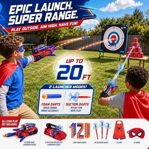 6 in 1 Hero Spider Web Shooters Toys Role-Playing Set, 2 pcs Wrist Foam Dart Launcher Shooters Set with Spider Cape, Mask, Gloves, 120 Soft Darts, 3 Suction Cup, Indoor Outdoor Party Favors for Kids in Kuwait