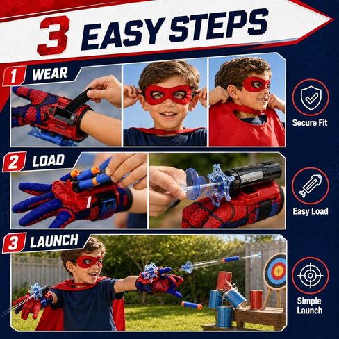 6 in 1 Hero Spider Web Shooters Toys Role-Playing Set, 2 pcs Wrist Foam Dart Launcher Shooters Set with Spider Cape, Mask, Gloves, 120 Soft Darts, 3 Suction Cup, Indoor Outdoor Party Favors for Kids in Kuwait