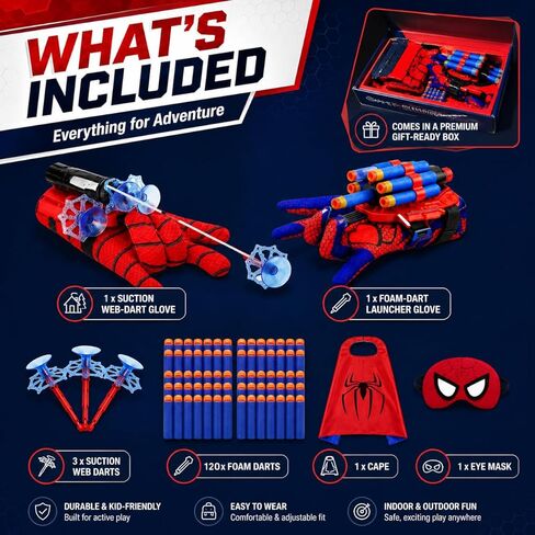 6 in 1 Hero Spider Web Shooters Toys Role-Playing Set, 2 pcs Wrist Foam Dart Launcher Shooters Set with Spider Cape, Mask, Gloves, 120 Soft Darts, 3 Suction Cup, Indoor Outdoor Party Favors for Kids in Kuwait