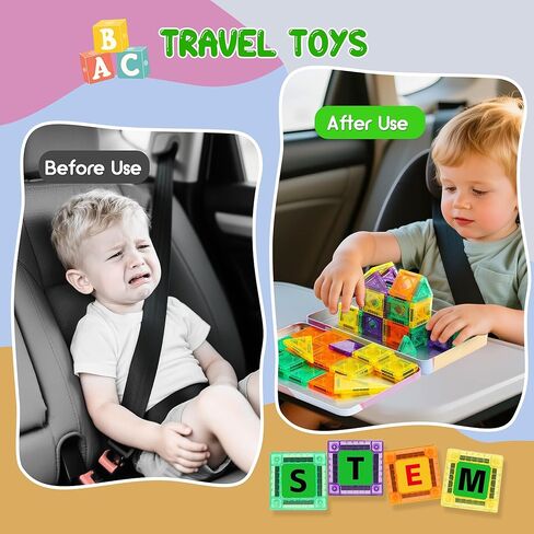 47PCS Magnetic Tiles Travel Toys, Mini Magnetic Letters Building Blocks With ABC Alphabet Iron Case for Kids Ages 1-3 3-5 4-8, Toddler Boys & Girls STEM Educational Toys for Outdoor Airplane Car in Kuwait