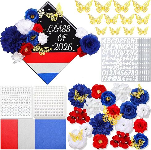 FineCheer 46 Pcs DIY Puerto Rico Graduation Cap Decoration Kit Red White Blue Dominican Republic Flower 3D Butterfly Rhinestone Pearl Letter Sticker Glitter Paper for 2026 Grad Hat Topper Party Decor in Kuwait