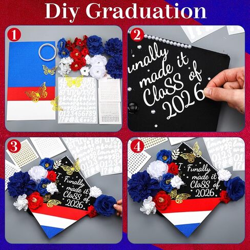 FineCheer 46 Pcs DIY Puerto Rico Graduation Cap Decoration Kit Red White Blue Dominican Republic Flower 3D Butterfly Rhinestone Pearl Letter Sticker Glitter Paper for 2026 Grad Hat Topper Party Decor in Kuwait