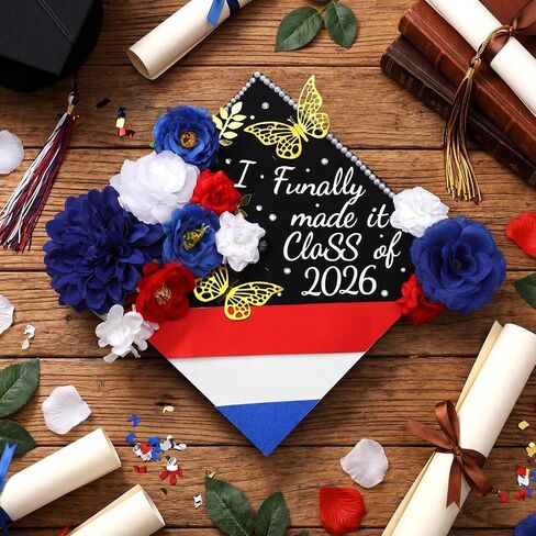 FineCheer 46 Pcs DIY Puerto Rico Graduation Cap Decoration Kit Red White Blue Dominican Republic Flower 3D Butterfly Rhinestone Pearl Letter Sticker Glitter Paper for 2026 Grad Hat Topper Party Decor in Kuwait