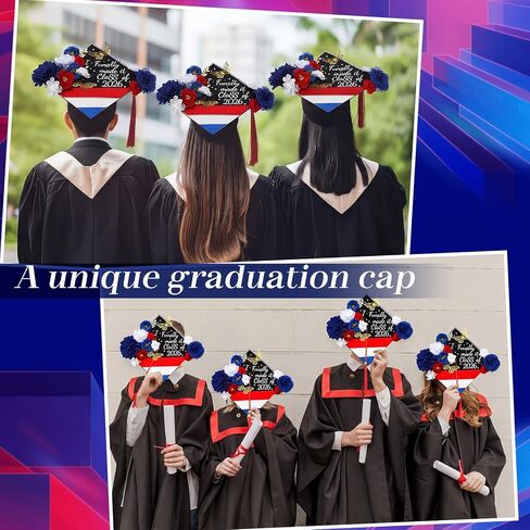 FineCheer 46 Pcs DIY Puerto Rico Graduation Cap Decoration Kit Red White Blue Dominican Republic Flower 3D Butterfly Rhinestone Pearl Letter Sticker Glitter Paper for 2026 Grad Hat Topper Party Decor in Kuwait