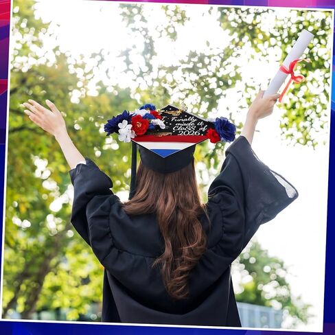 FineCheer 46 Pcs DIY Puerto Rico Graduation Cap Decoration Kit Red White Blue Dominican Republic Flower 3D Butterfly Rhinestone Pearl Letter Sticker Glitter Paper for 2026 Grad Hat Topper Party Decor in Kuwait