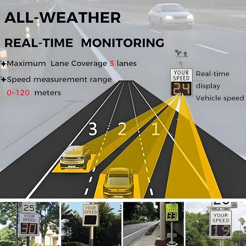 Solar-Powered LED Radar Speed Limit Sign, 24x35 Inch Traffic Feedback Board with Accessories, 2-Digit Speed Display for Enhanced Road Safety in Kuwait