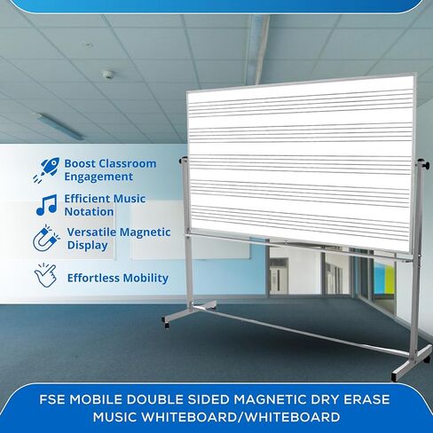 FSE 373-MB7248MW 72 بوصة × 48 بوصة لوحة بيضاء موسيقية مغناطيسية متنقلة مزدوجة الجوانب، لوحة مسح جافة مع خطوط دائمة للموظفين، عجلات دوارة مع أقفال، إطار من الألومنيوم، صينية علامة كاملة الطول in Kuwait