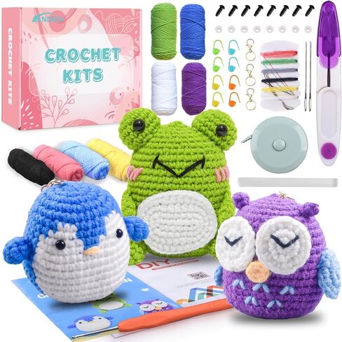 Crochet Kit for Beginners Adults - Learn to Crochet Animal, 3 Cute Animals Patterns with Step-by-Step Video Tutorials, Beginners Crocheting Kits, DIY Art Craft Knitting Set, Gifts for Woman Teen Girls in Kuwait