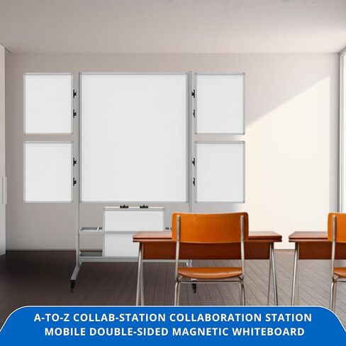 A-to-Z Supply 289-COLLAB-STATION Mobile Double-Sided Magnetic Whiteboard, 4 Attachable Small Boards, Steel Frame, Storage Tray, Rolling Casters, 82.25"W x 76.4"H in Kuwait