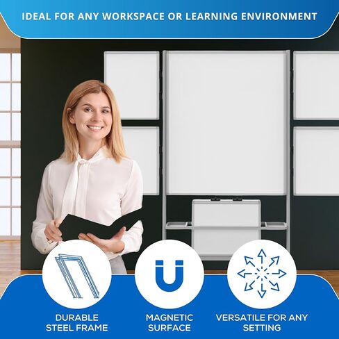 A-to-Z Supply 289-COLLAB-STATION Mobile Double-Sided Magnetic Whiteboard, 4 Attachable Small Boards, Steel Frame, Storage Tray, Rolling Casters, 82.25"W x 76.4"H in Kuwait