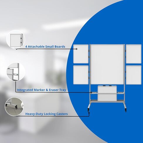 A-to-Z Supply 289-COLLAB-STATION Mobile Double-Sided Magnetic Whiteboard, 4 Attachable Small Boards, Steel Frame, Storage Tray, Rolling Casters, 82.25"W x 76.4"H in Kuwait