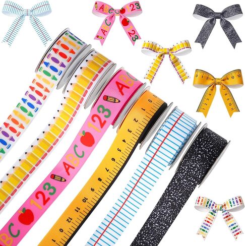 6 Pcs Teacher Ribbon for Gifts 30 Yards Back to School Ribbons Graduation Teacher Appreciation Gift Ruler Pencils Apples Composition Book Crayon DIY Crafts Wrapping Crafting Party Supplies Decorations in Kuwait
