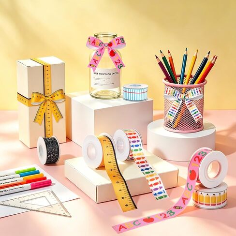 6 Pcs Teacher Ribbon for Gifts 30 Yards Back to School Ribbons Graduation Teacher Appreciation Gift Ruler Pencils Apples Composition Book Crayon DIY Crafts Wrapping Crafting Party Supplies Decorations in Kuwait