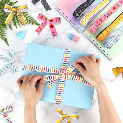 6 Pcs Teacher Ribbon for Gifts 30 Yards Back to School Ribbons Graduation Teacher Appreciation Gift Ruler Pencils Apples Composition Book Crayon DIY Crafts Wrapping Crafting Party Supplies Decorations in Kuwait