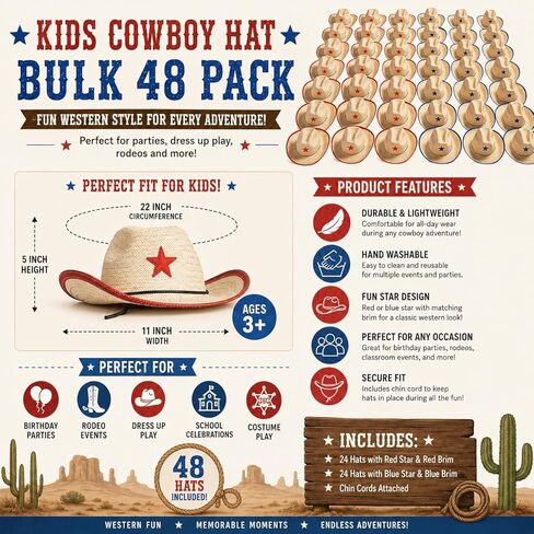 Fun Express Kids Cowboy Hat Bulk 48 Pack - Cowgirl Hats for Girls with Star Design | Western Party Decorations and Favors for Cowboy Birthday Party, Rodeo Theme Events and Dress Up Play | 2026 VBS in Kuwait