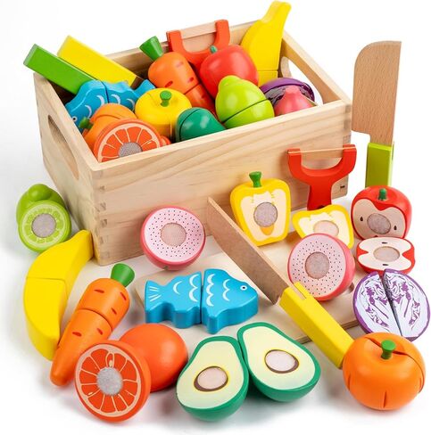 Wooden Play Food Sets for Kids Kitchen, Velcro Fruits and Vegetables Cutting Set, Fake Food Play Kitchen Accessories, Learning Pretend Play for Toddlers 3-5 Boys Girls in Kuwait