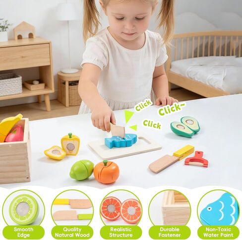 Wooden Play Food Sets for Kids Kitchen, Velcro Fruits and Vegetables Cutting Set, Fake Food Play Kitchen Accessories, Learning Pretend Play for Toddlers 3-5 Boys Girls in Kuwait