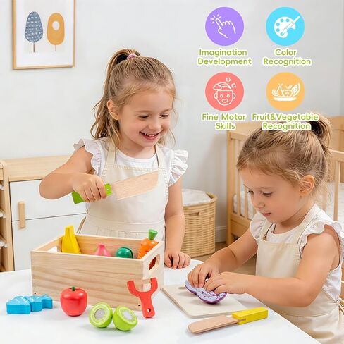 Wooden Play Food Sets for Kids Kitchen, Velcro Fruits and Vegetables Cutting Set, Fake Food Play Kitchen Accessories, Learning Pretend Play for Toddlers 3-5 Boys Girls in Kuwait
