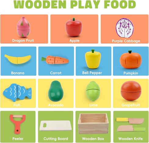 Wooden Play Food Sets for Kids Kitchen, Velcro Fruits and Vegetables Cutting Set, Fake Food Play Kitchen Accessories, Learning Pretend Play for Toddlers 3-5 Boys Girls in Kuwait