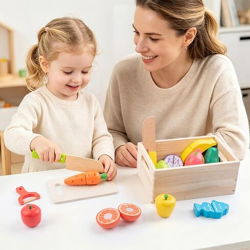 Wooden Play Food Sets for Kids Kitchen, Velcro Fruits and Vegetables Cutting Set, Fake Food Play Kitchen Accessories, Learning Pretend Play for Toddlers 3-5 Boys Girls in Kuwait