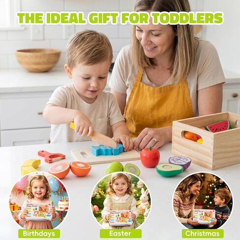 Wooden Play Food Sets for Kids Kitchen, Velcro Fruits and Vegetables Cutting Set, Fake Food Play Kitchen Accessories, Learning Pretend Play for Toddlers 3-5 Boys Girls in Kuwait