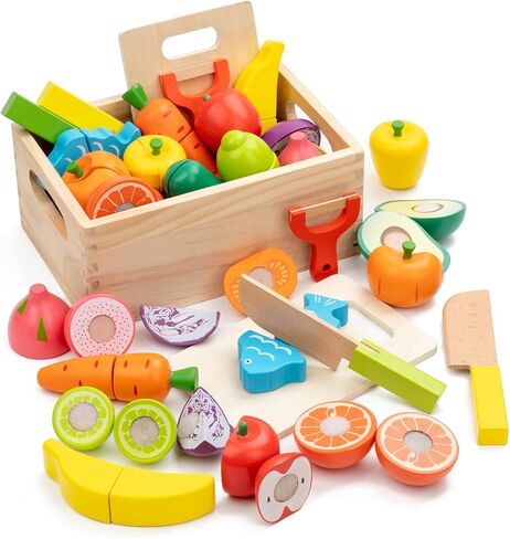 Wooden Play Food Sets for Kids Kitchen, Velcro Fruits and Vegetables Cutting Set, Fake Food Play Kitchen Accessories, Learning Pretend Play for Toddlers 3-5 Boys Girls in Kuwait